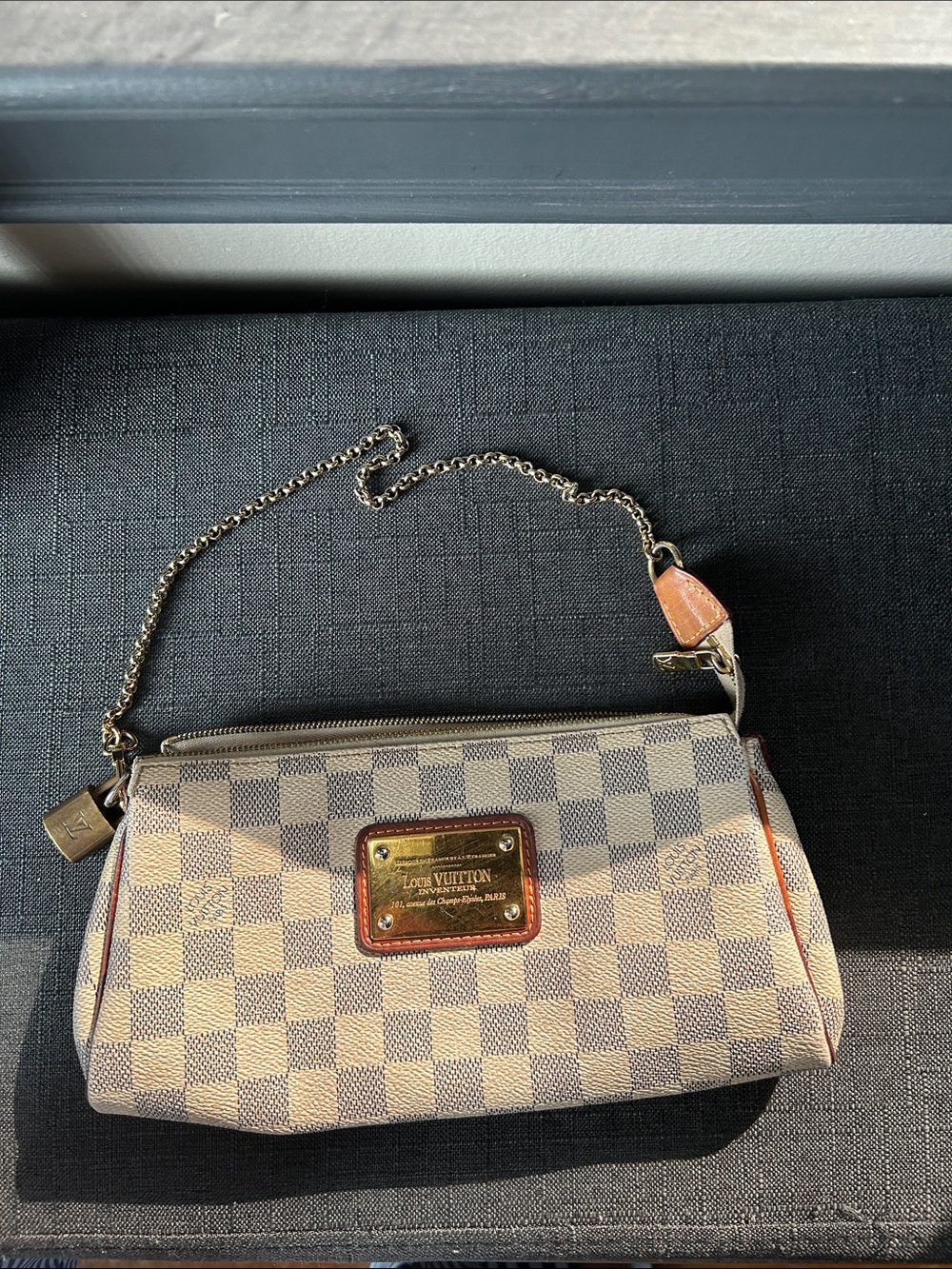 Louis Vuitton Damier Azur Clutch with Gold Plate and Chain - Beige/Blue Check
